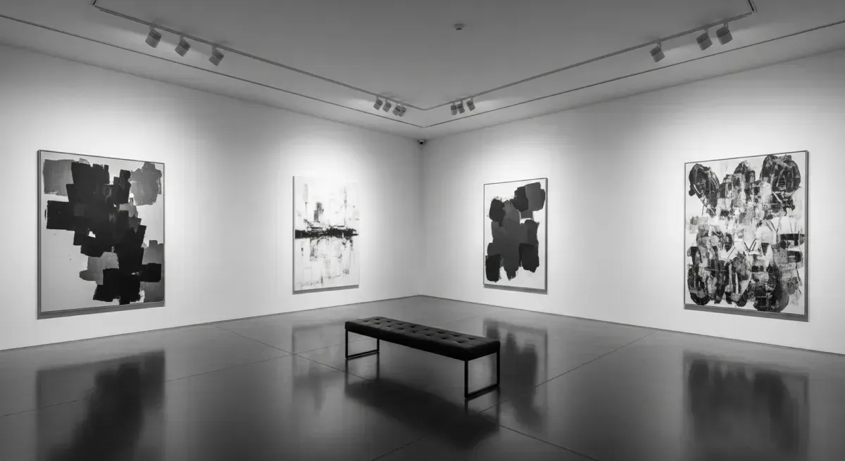 El interior de una galería minimalista presenta cuatro grandes pinturas abstractas en blanco y negro