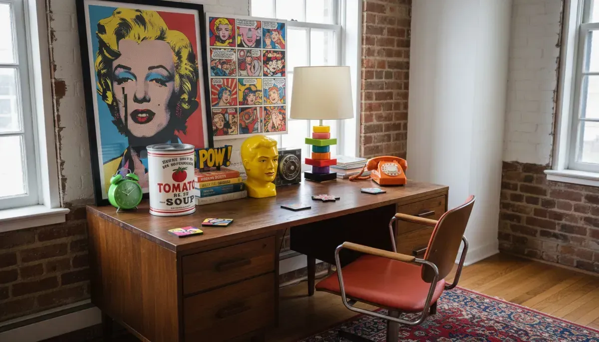 Un despacho en casa con estilo pop-art, con escritorio de madera, silla retro, póster de Marilyn Monroe y decoración colorida