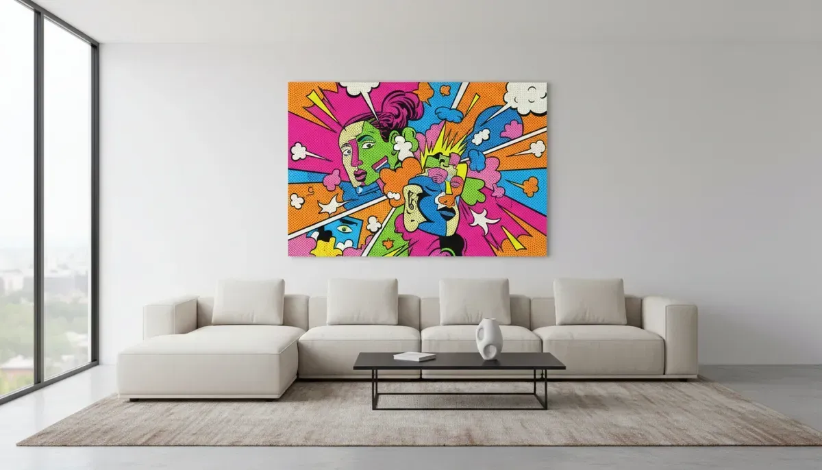 Un salón moderno cuenta con un sofá modular beige, una mesa de centro negra y un cuadro mural vibrante