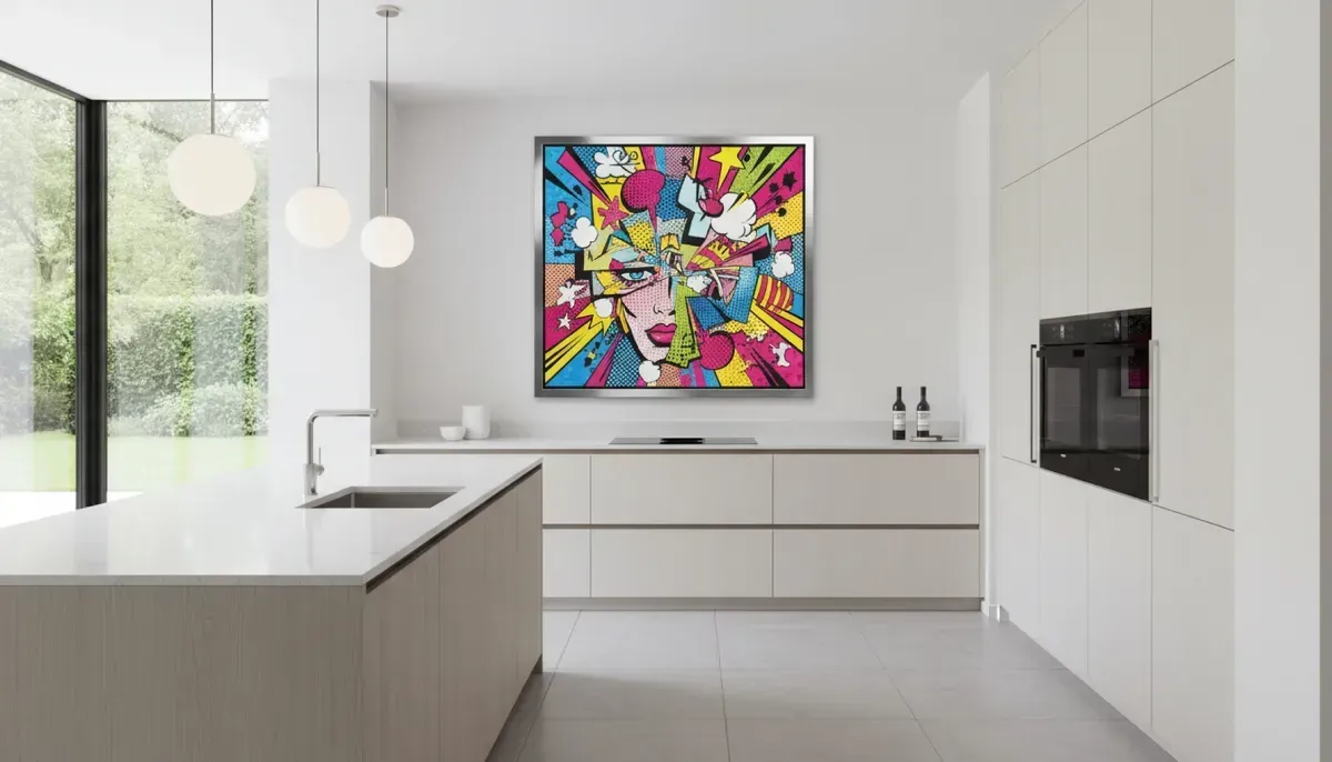 Un vibrante cuadro abstracto de arte pop cuelga en una pared blanca de una cocina moderna y minimalista con armarios claros.