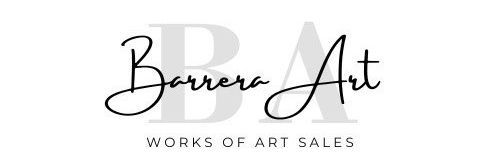 Logotipo de Barrera Art con elegante texto cursivo negro sobre las iniciales "BA" en gris claro
