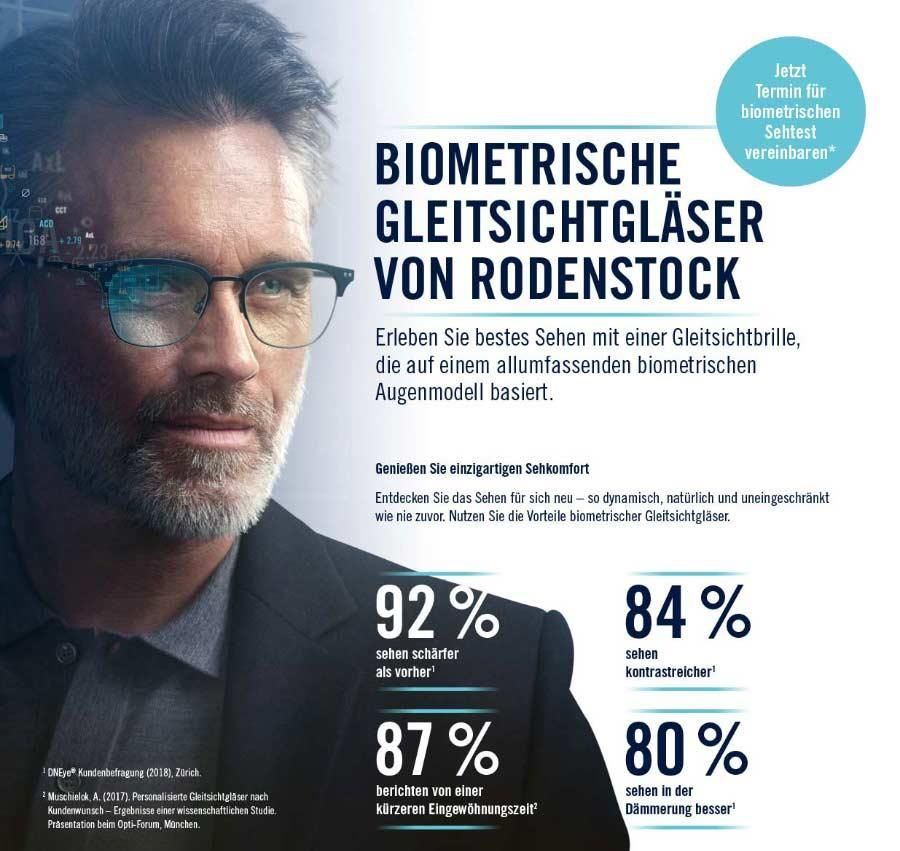 A man wearing glasses is featured on a poster that says biometrische gleitsichtglaser von rodenstock