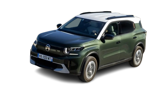 SUV électrique vert et blanc, carrosserie vert foncé avec toit blanc, garé sur fond blanc.