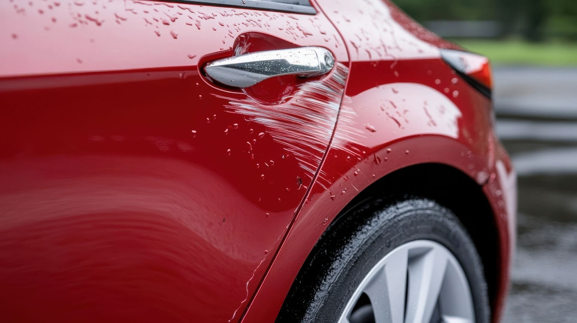 Poignée de porte de voiture rouge avec des traces d'eau.