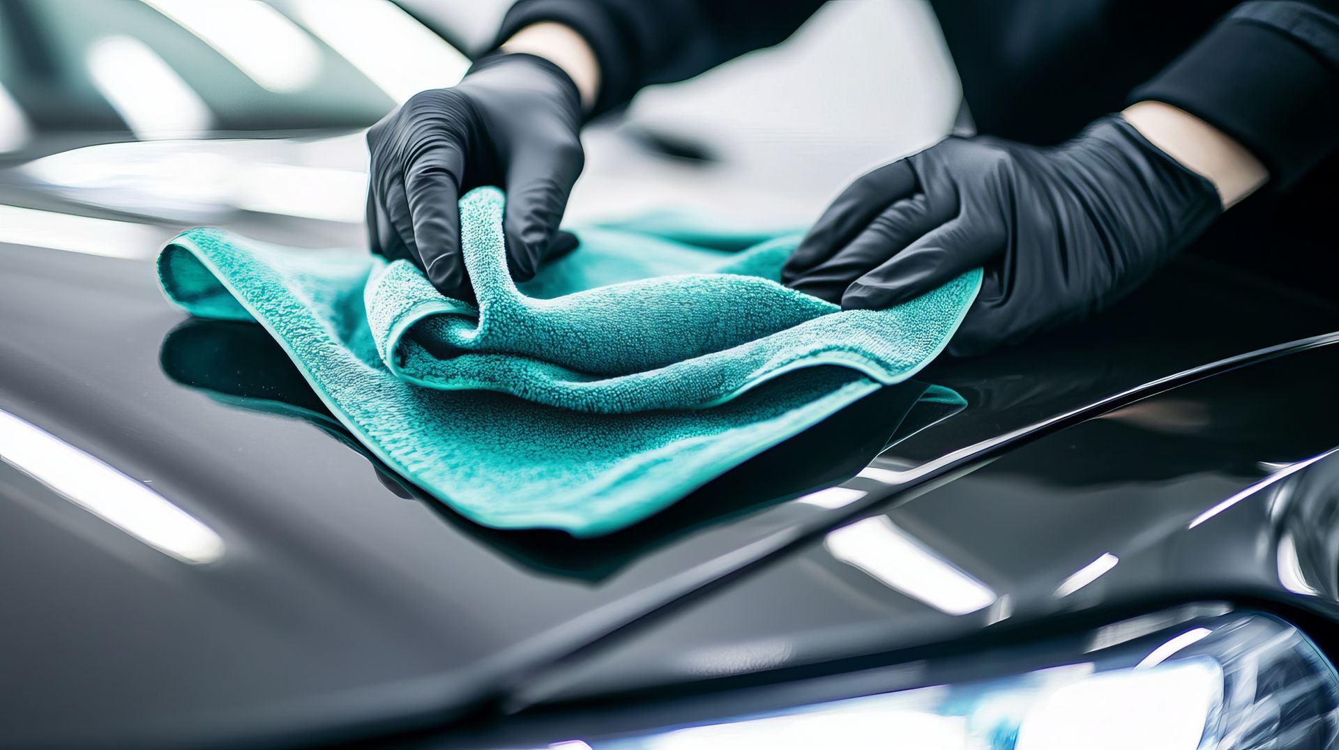 Des mains gantées de noir essuyant un chiffon bleu sarcelle sur un capot de voiture noir brillant.