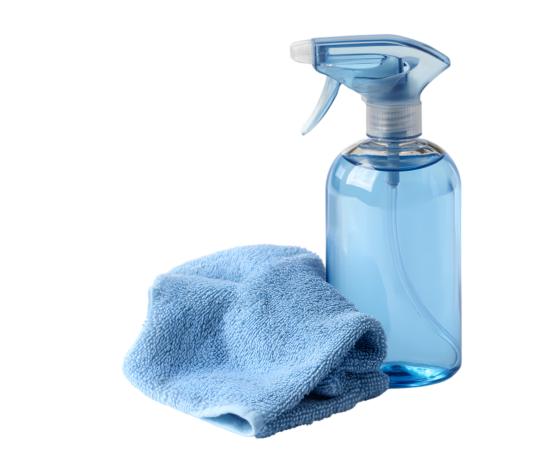 Flacon pulvérisateur bleu avec nettoyant et chiffon en microfibre bleu sur fond blanc.