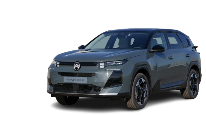 SUV Citroën e-C4 X gris avec un toit noir, sur fond blanc.