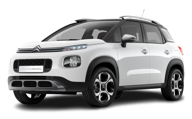 SUV Citroën C3 Aircross blanc, accents noirs, jantes alliage, sur fond blanc.