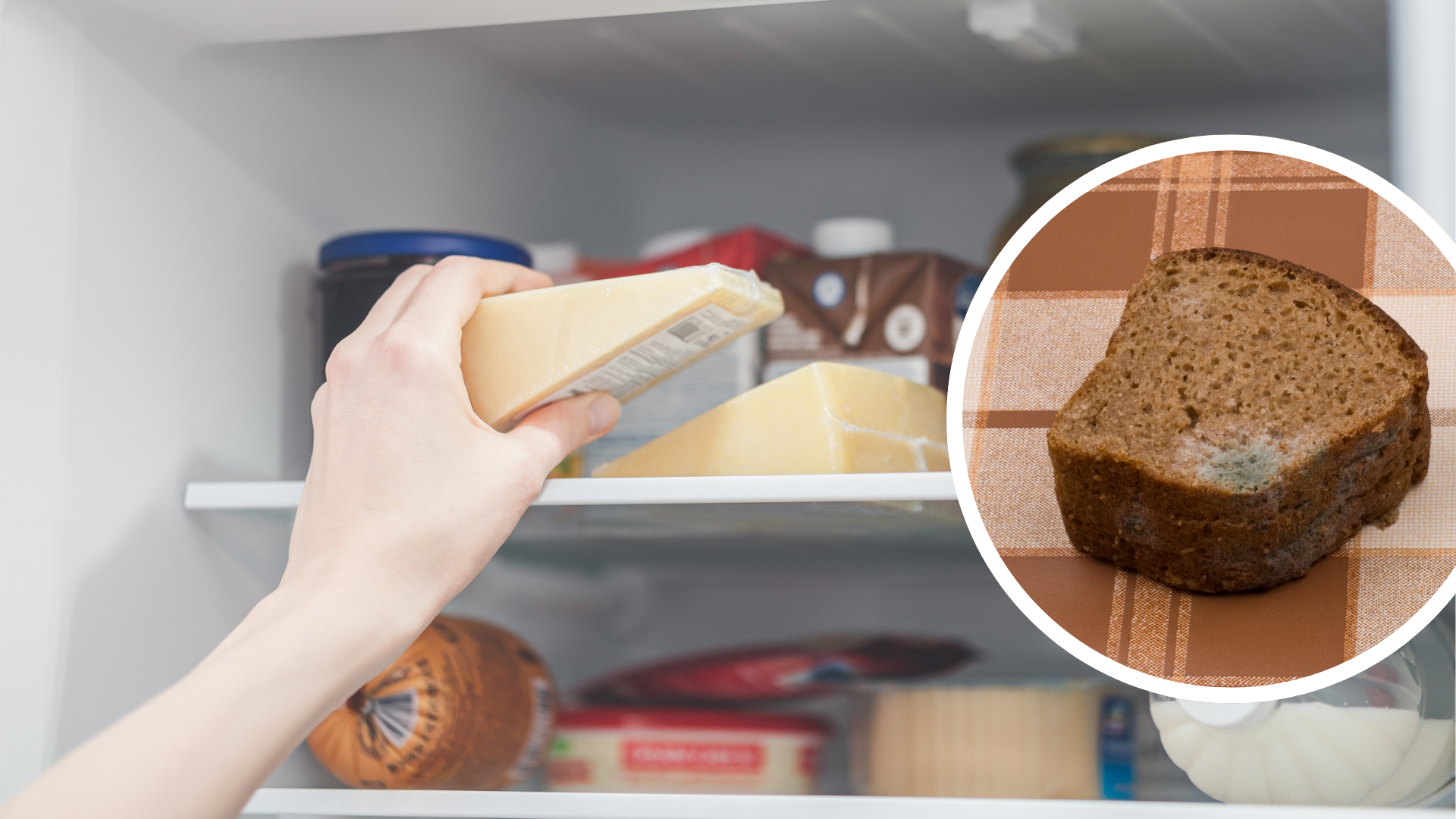 Eine Hand greift nach Brot in einem Vorratsschrank. Daneben ist eine Nahaufnahme eines aufgeschnittenen Laibs eingeblendet.