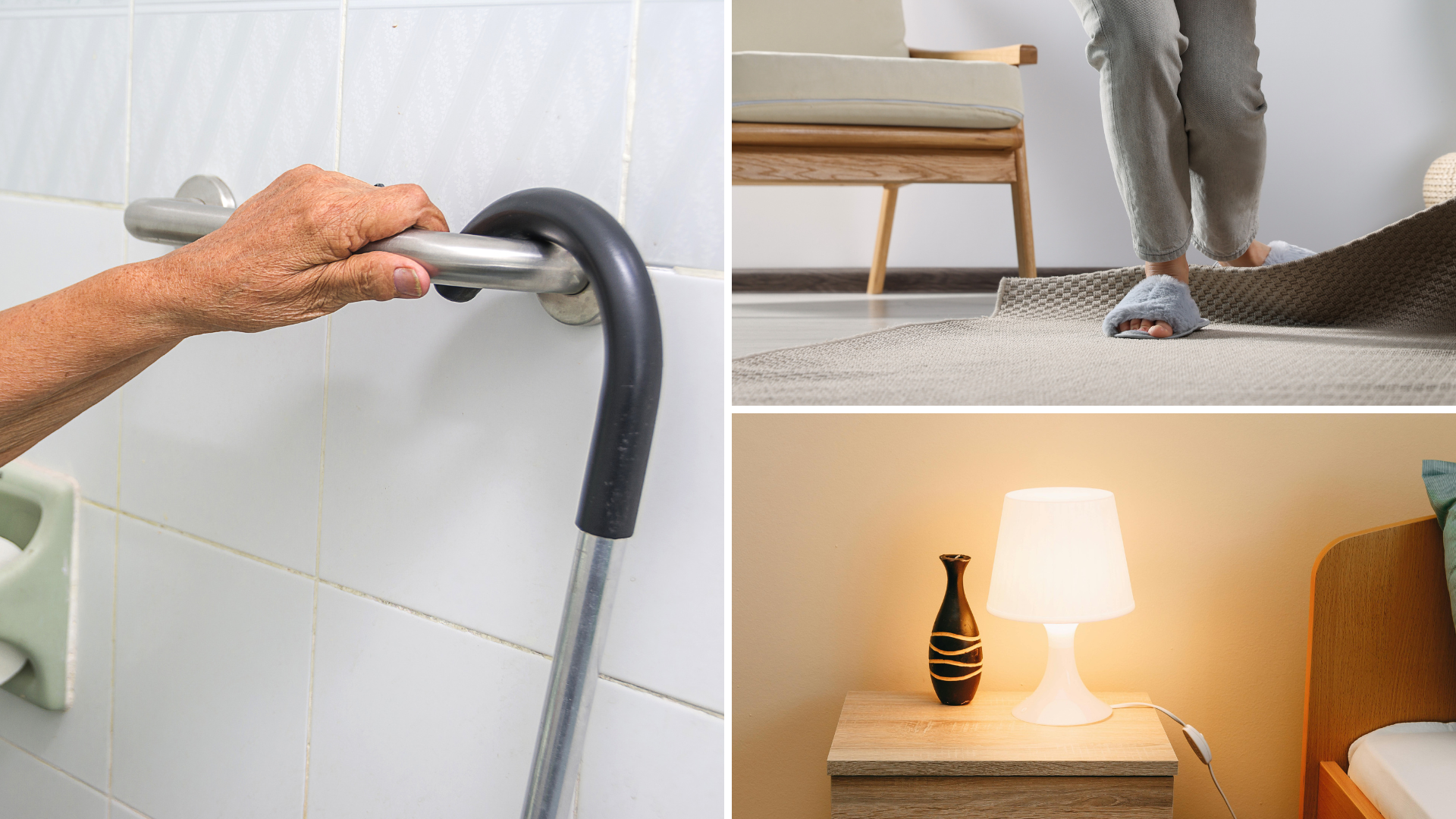 Collage zum Thema Sicherheit im Haushalt: Haltegriff im Badezimmer, Frau tritt auf einen Teppich, und eine eingeschaltete Nachttischlampe mit Flasche