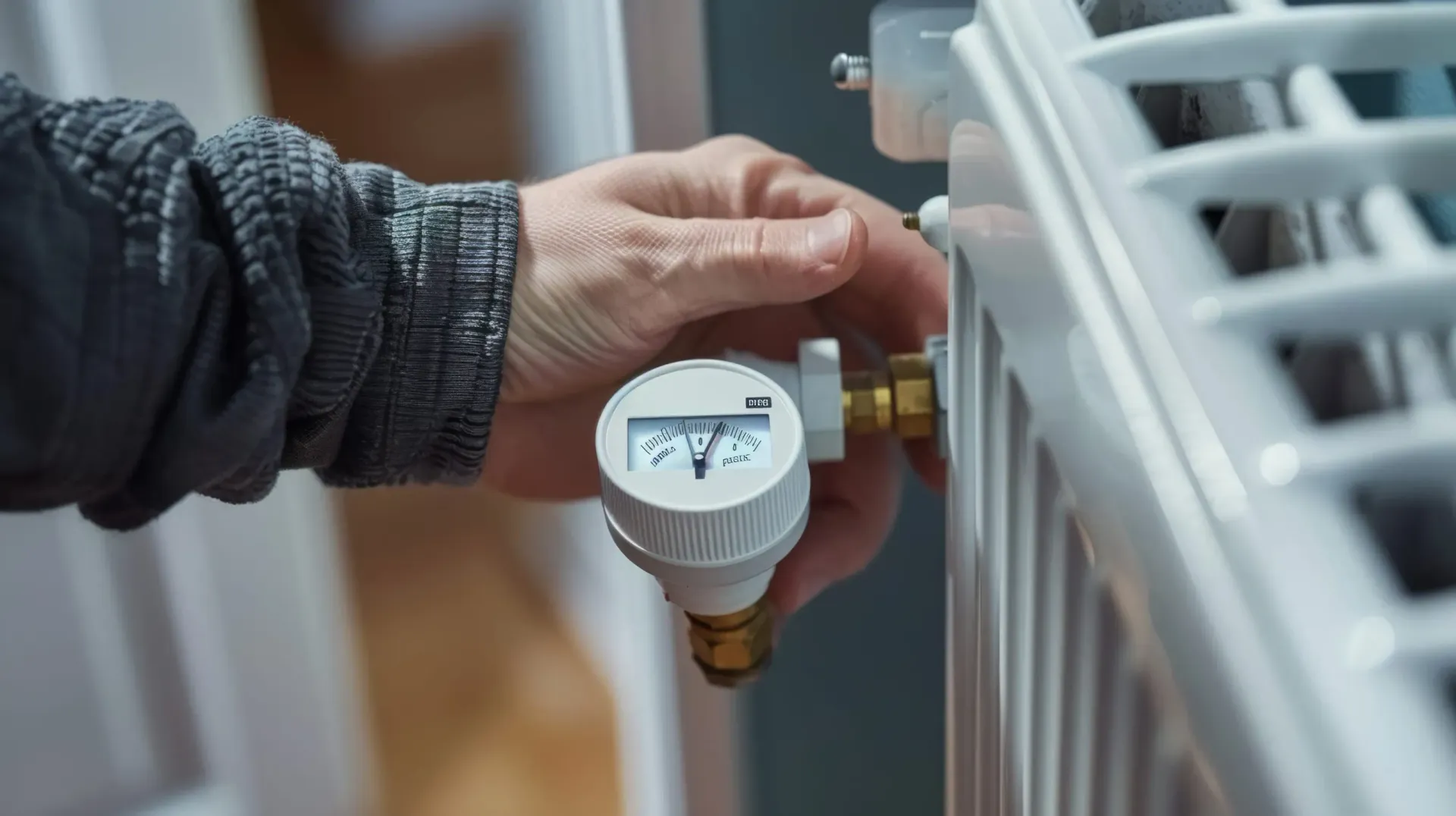Ajustando manualmente una válvula de termostato en un radiador blanco en el interior de una vivienda.