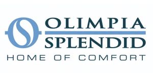 Logotipo de Olimpia Splendid en azul y gris con el lema “Hogar de confort”.
