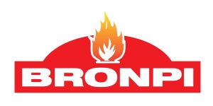Logotipo de BRONPI en rojo y blanco con un icono de llama sobre el texto.
