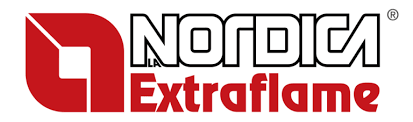 Logotipo de Nordica Extraflame en rojo, negro y blanco con un icono de estufa estilizado.