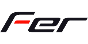 Logotipo estilizado de “Fer” en negro y rojo sobre un fondo blanco.