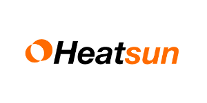Logotipo de Heatsun con icono naranja y texto negro-naranja sobre fondo blanco.