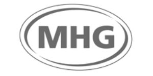 Logotipo de MHG en letras grises dentro de un contorno ovalado.