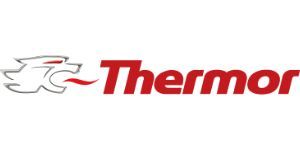 Logotipo de Thermor con texto rojo en cursiva y un icono de águila estilizada blanca sobre un fondo claro.