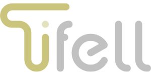Logotipo estilizado de “Tifell” en letras minúsculas doradas y grises sobre un fondo blanco.