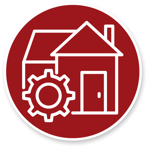 Picto rouge avec une maison et un rouage