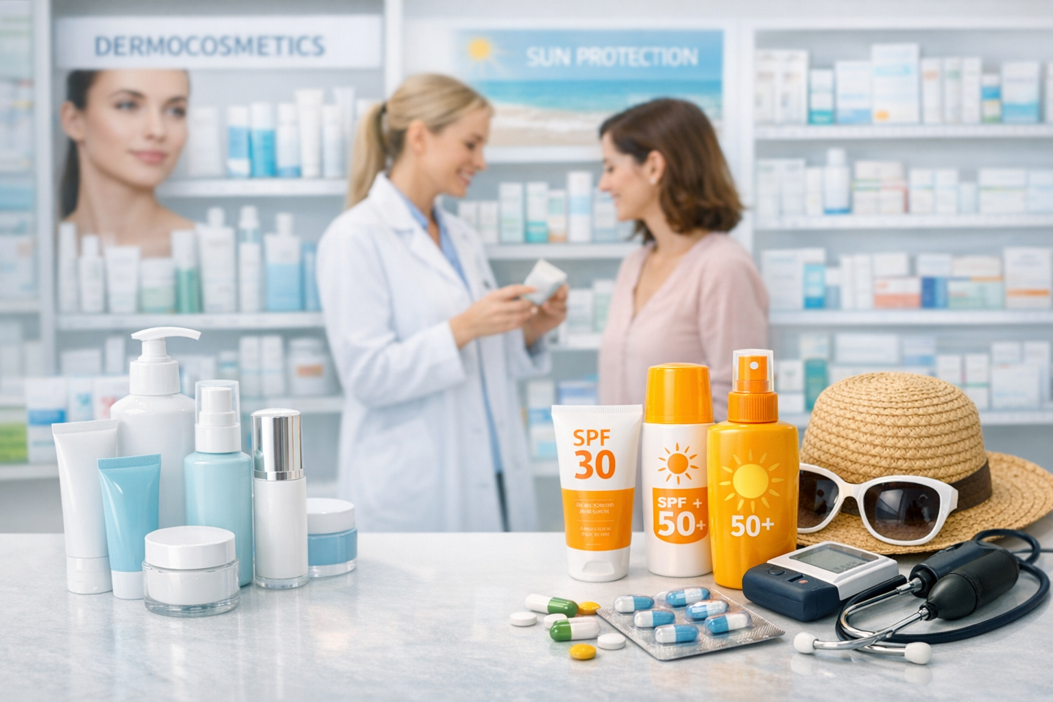 Farmacéutico y cliente conversan sobre el cuidado de la piel en una tienda de cosméticos; protector solar, pastillas, sombrero y gafas de sol en exhibición.