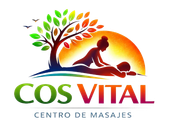 Logotipo del centro de masajes Cos Vital: &aacute;rbol, persona masajeando a otra. Atardecer naranja y colorido.
