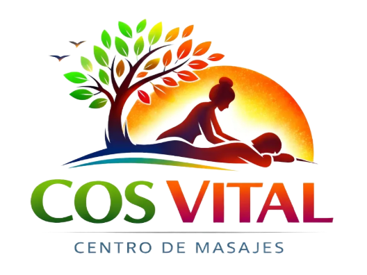 Logotipo del centro de masajes Cos Vital: árbol, persona masajeando a otra. Atardecer naranja y colorido.