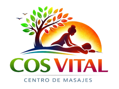 Logotipo del centro de masajes Cos Vital: &aacute;rbol, persona masajeando a otra. Atardecer naranja y colorido.