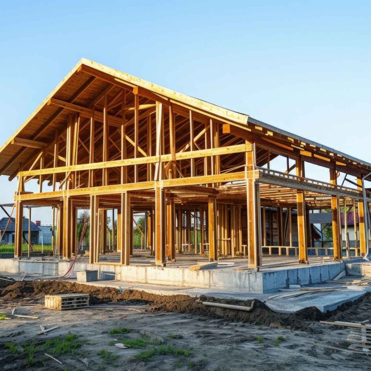 Estructura de madera en construcción sobre cimientos de hormigón en un terreno soleado y abierto.