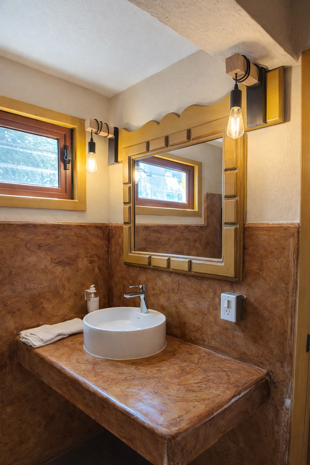 Un ba&ntilde;o r&uacute;stico con un lavabo blanco sobre una encimera de piedra marr&oacute;n texturizada, un espejo enmarcado y bombillas colgantes de luz c&aacute;lida.