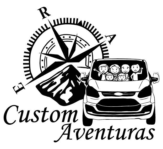 Un logotipo en blanco y negro para una empresa llamada Custom Aventuras.