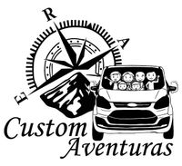 Un logotipo en blanco y negro para una empresa llamada Custom Aventuras.