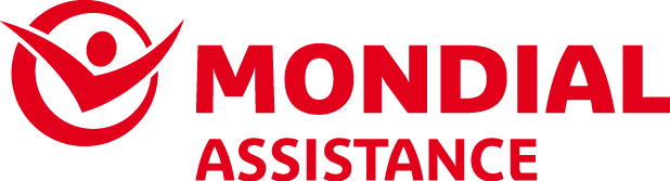 Logo Mondial Assistance avec une icône abstraite rouge représentant une personne et un texte rouge sur fond blanc