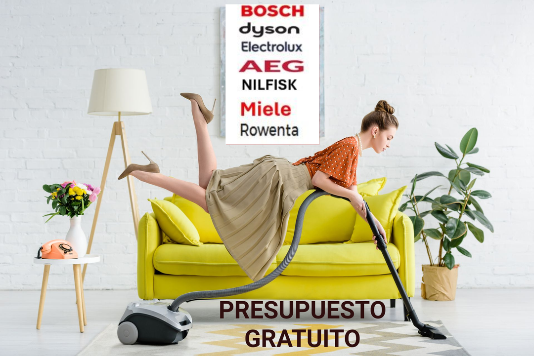 Anuncio de reparación de aspiradoras: mujer en sofá verde con aspiradora y texto “presupuesto gratis en taller”