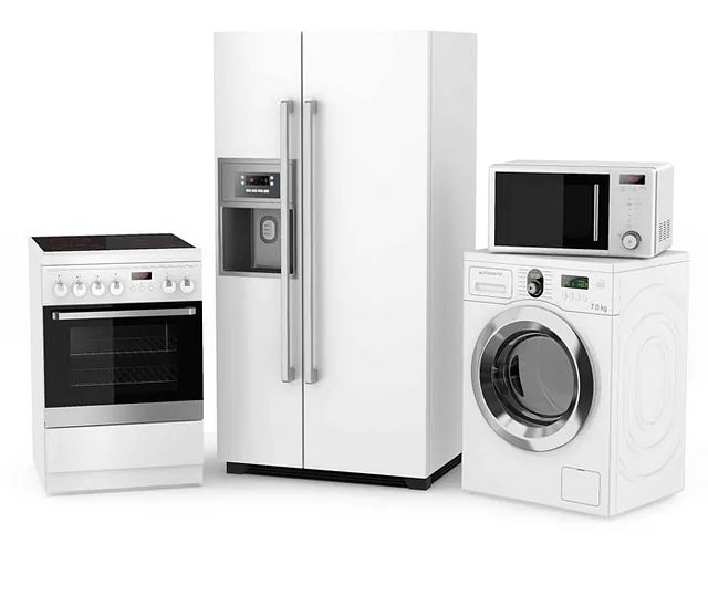 Electrodomésticos de cocina blancos: estufa, refrigerador, lavadora y microondas.