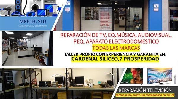 Advertisement for MPELEC SLU, a repair shop. Text reads: