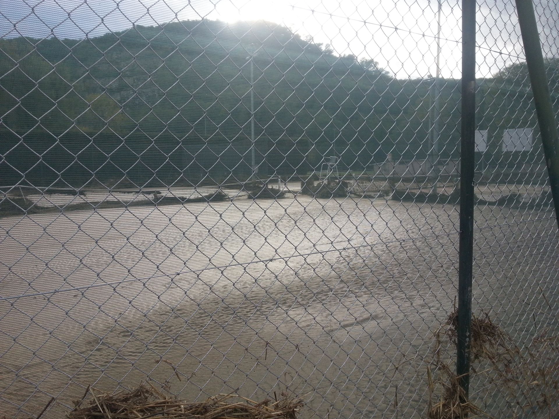 Une fenêtre fissurée devant une clôture en grillage, paysage flou en arrière-plan. Reflets du soleil.