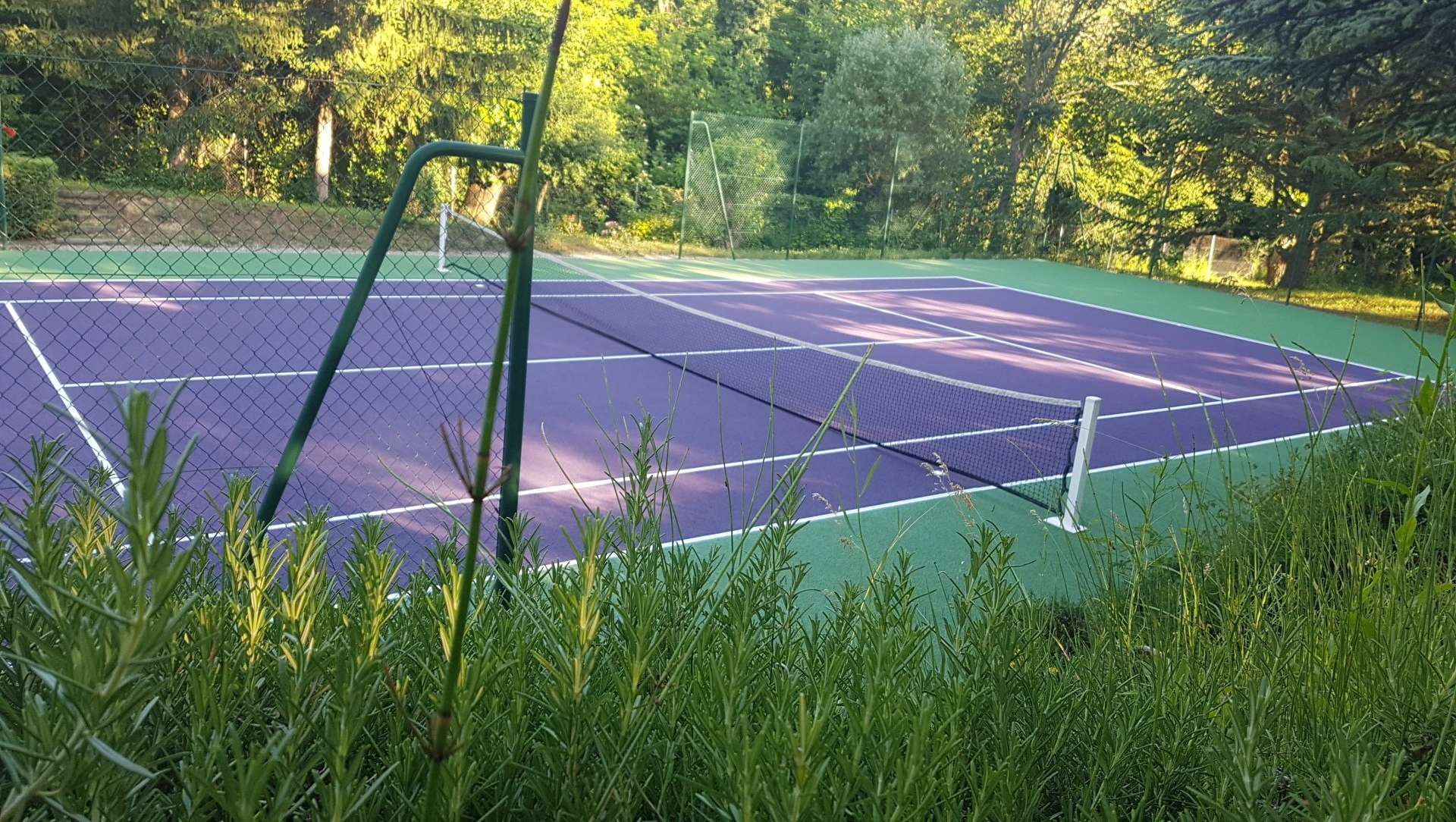 Un terrain de sport extérieur violet et vert avec un filet.