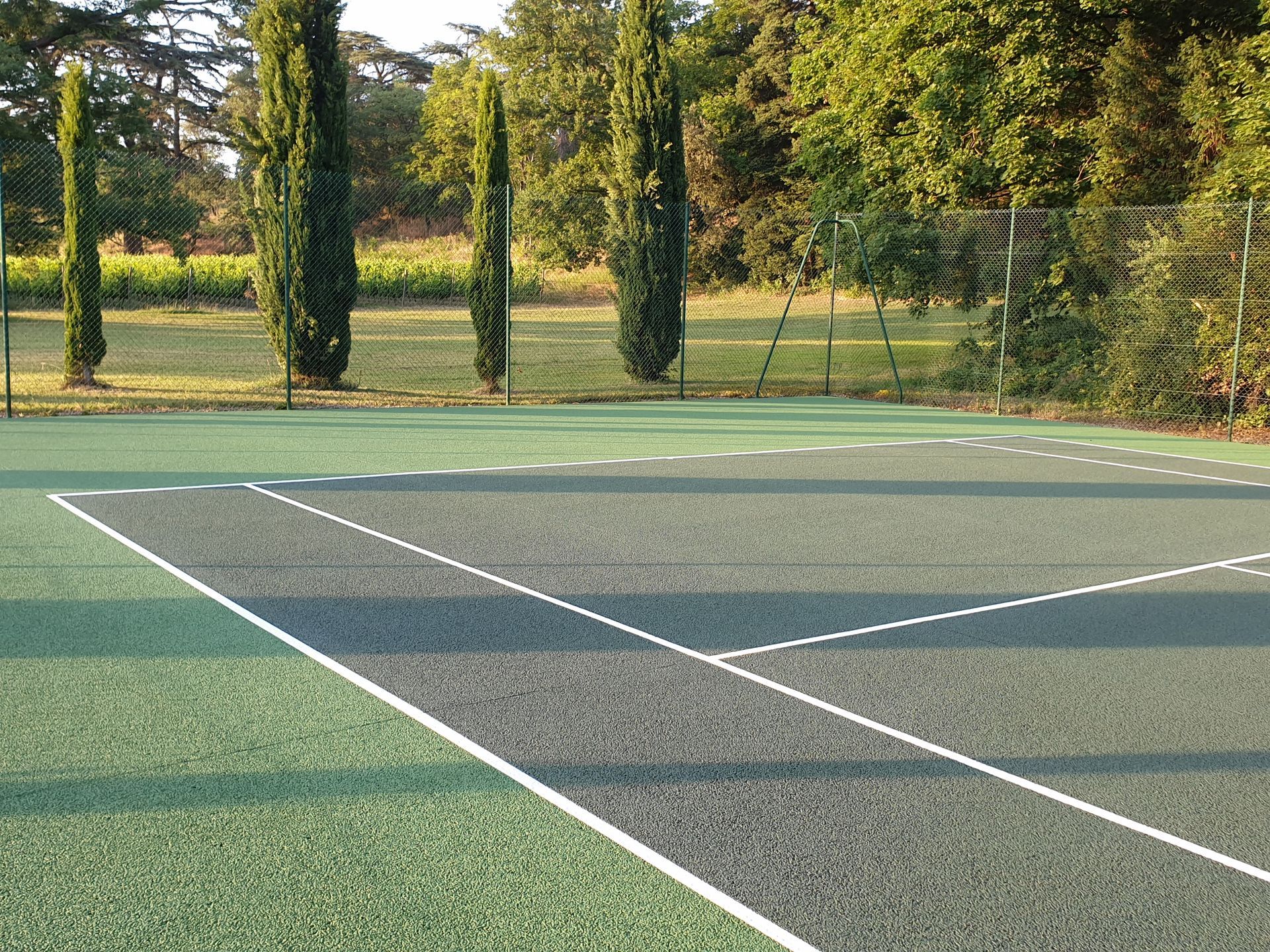 Court de tennis avec surface verte et lignes blanches, arbres en arrière-plan.