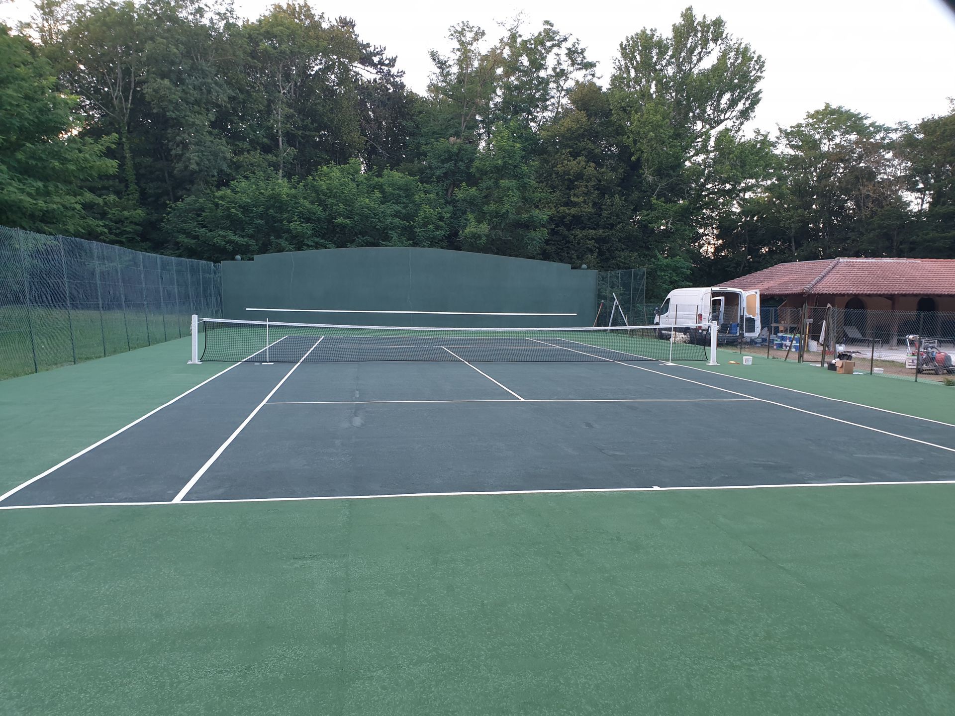 Court de tennis avec surface verte, filet et arbres environnants.