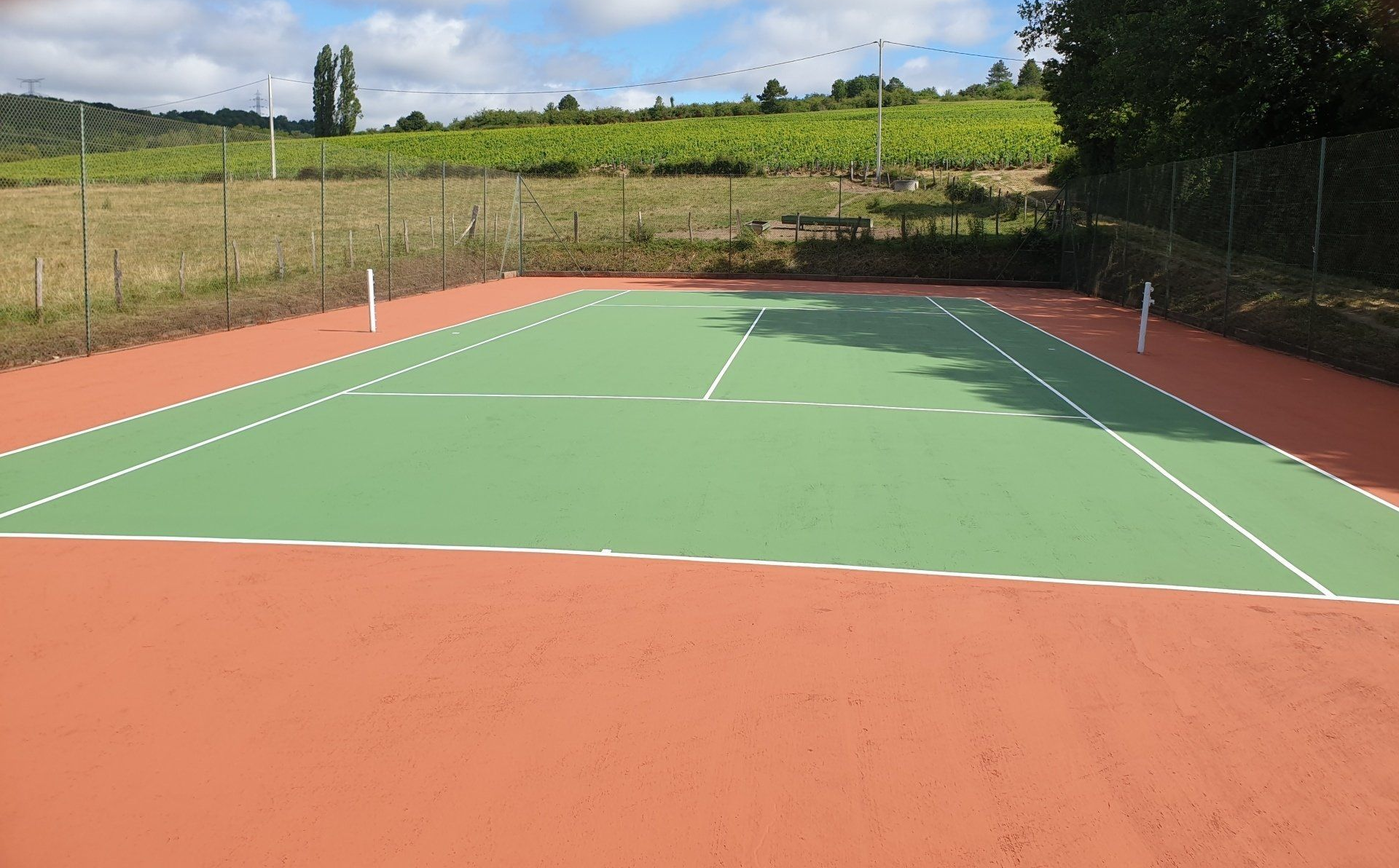 Court de tennis, surface de jeu verte, contours rouges, vignoble en arrière-plan.