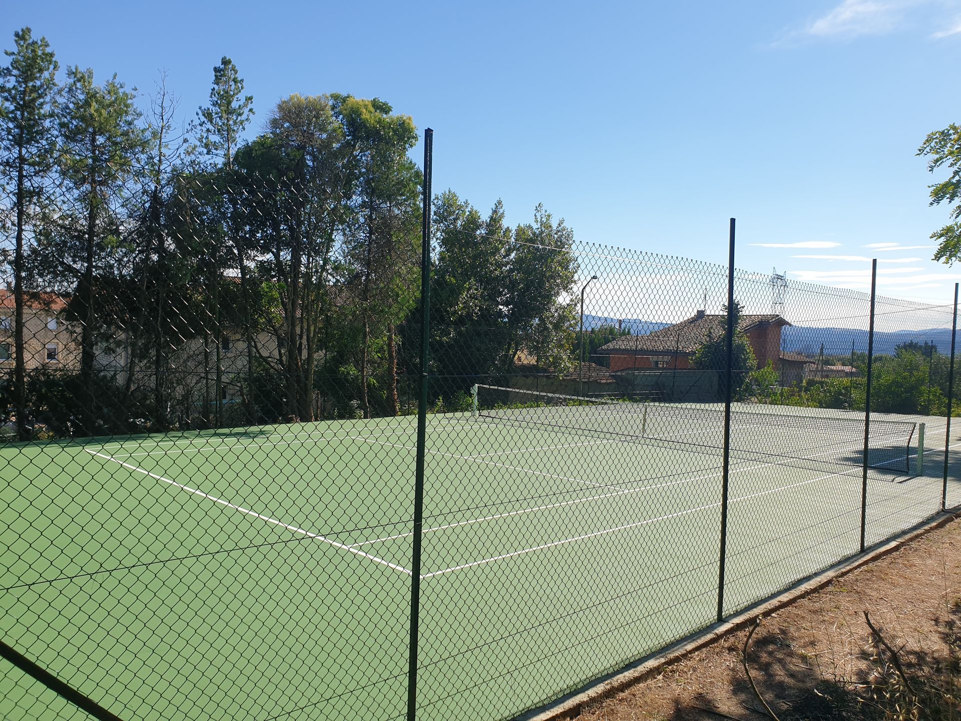 Court de tennis vert avec filet noir, arbres et ciel bleu en arrière-plan.