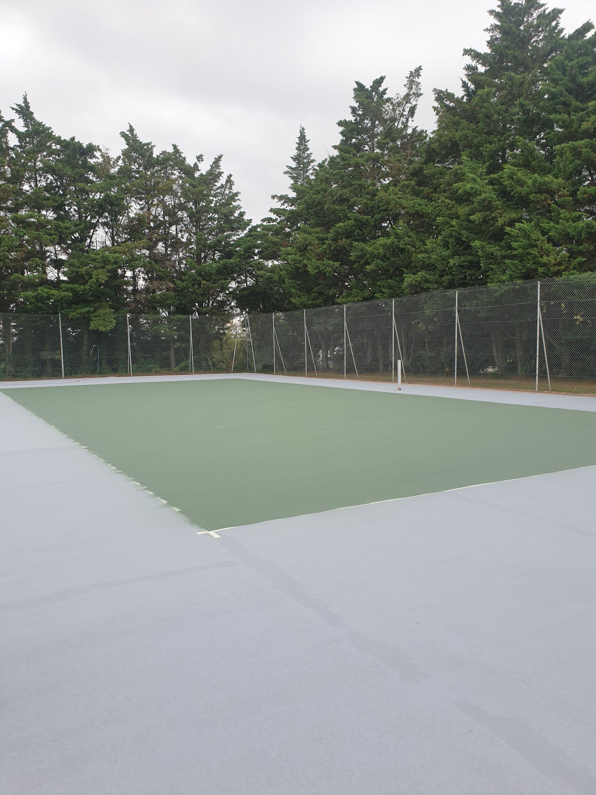 Une cour verte bordée de gris, entourée d'une clôture noire et d'arbres sous un ciel nuageux.