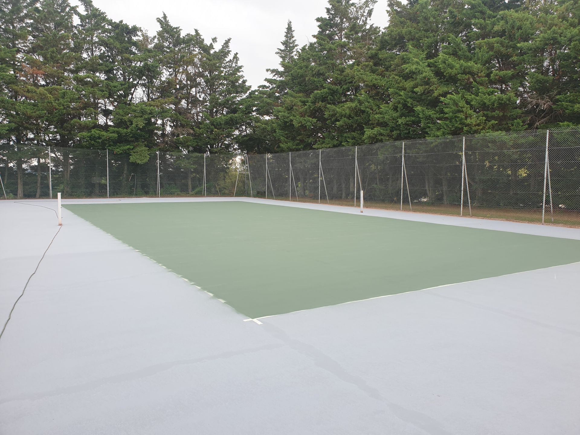 Court de tennis avec aire de jeu verte et bordure grise, adossé à des arbres et un filet.