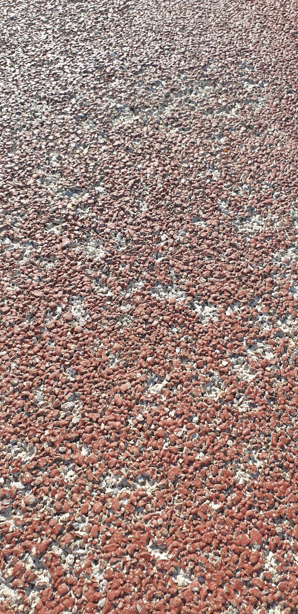 Gros plan sur une surface texturée, principalement brun-rouge avec des mouchetures blanches.