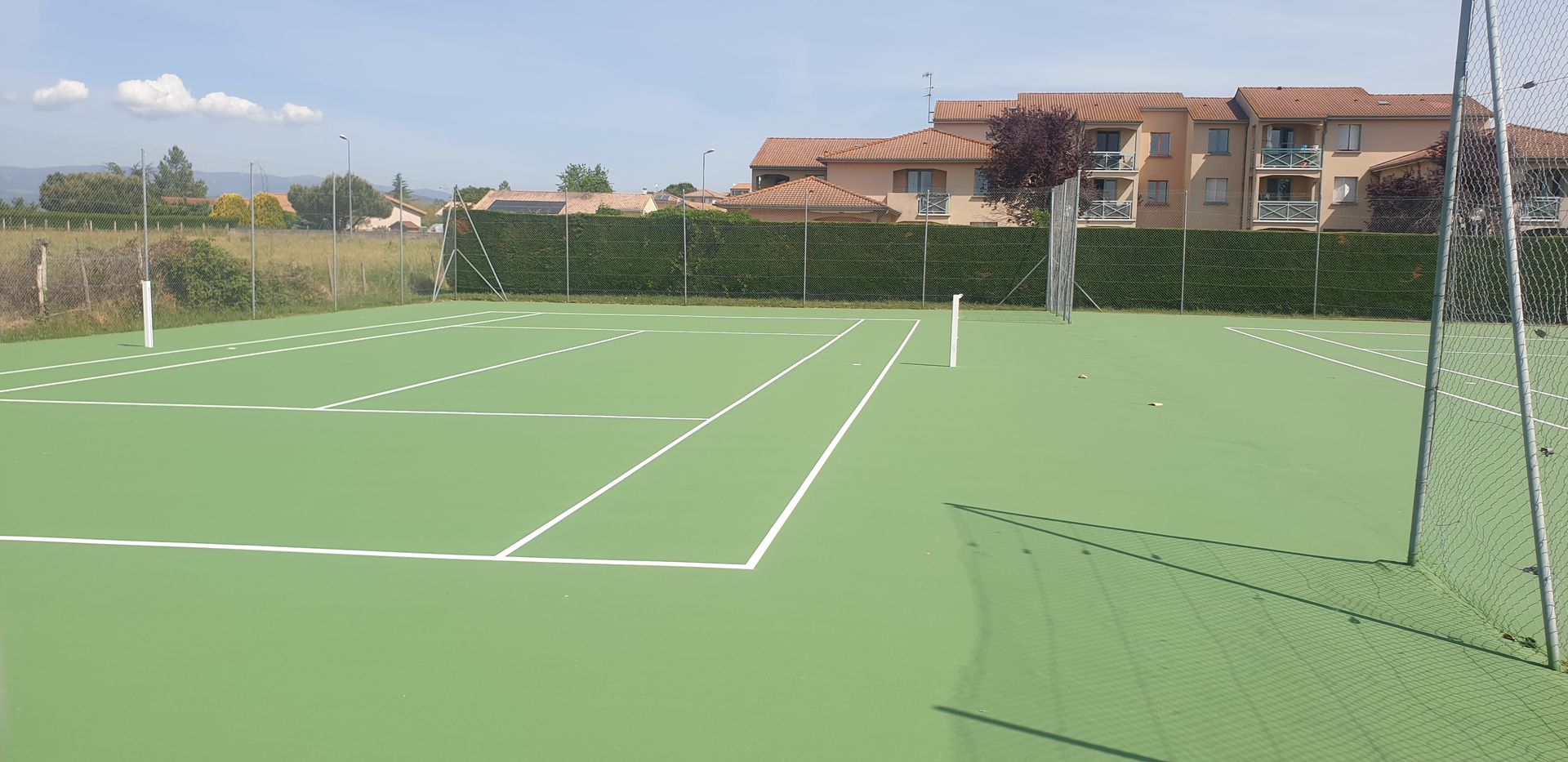 Un terrain multisports vert avec des lignes blanches, pouvant accueillir plusieurs sports, avec des clôtures, des arbres et des bâtiments en arrière-plan.