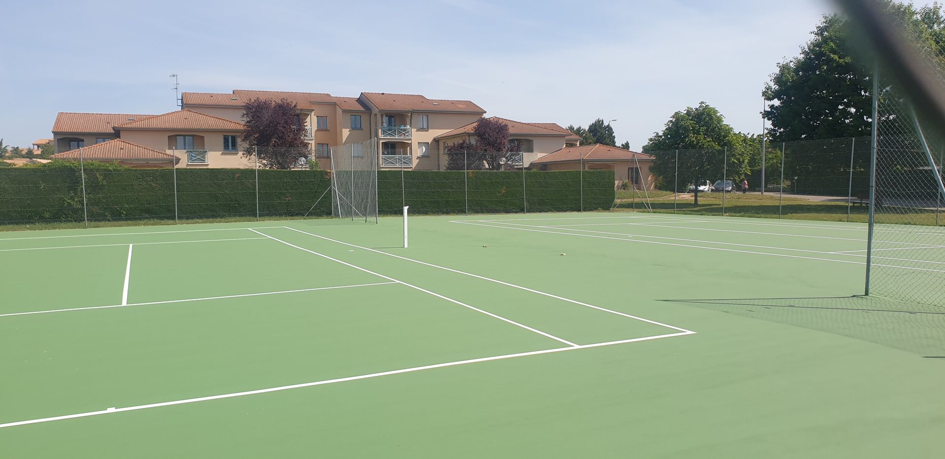 Terrain de sport vert avec lignes blanches, filet et bâtiments en arrière-plan. Journée ensoleillée.