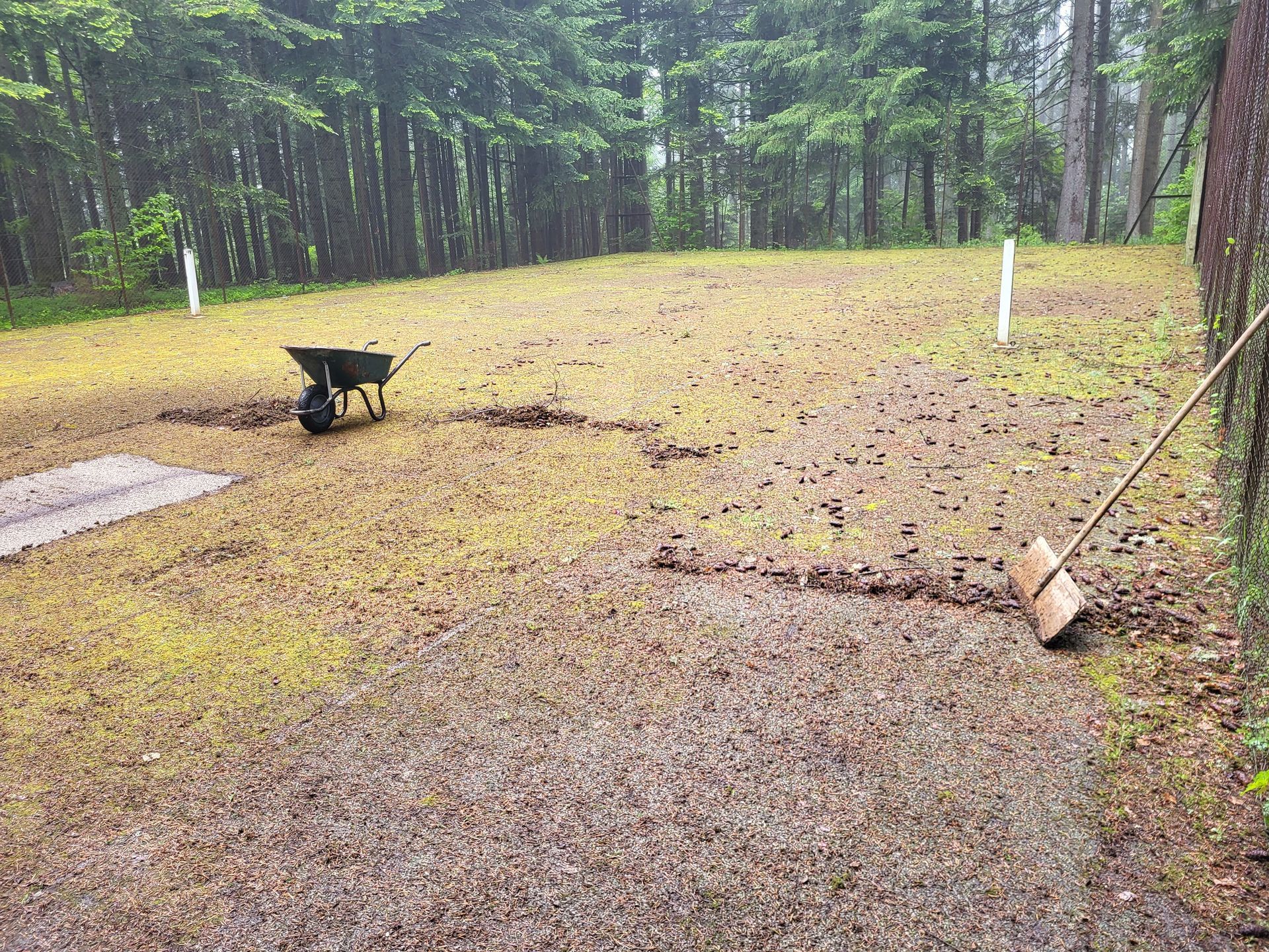 Champ où des graines viennent d'être semées ; brouette, balai et piquets sont visibles. Arbres en arrière-plan.