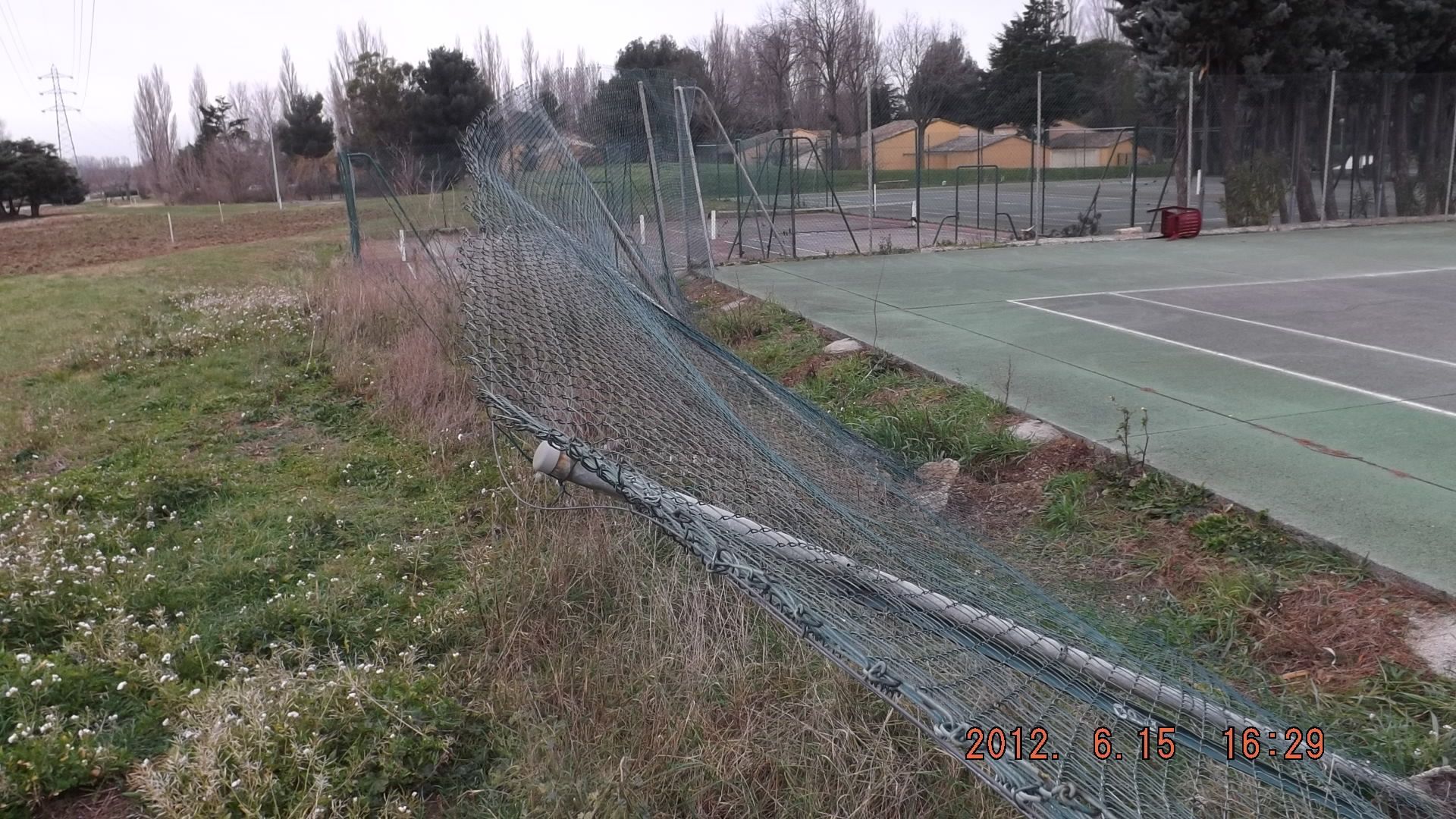 Clôture en grillage séparant un terrain gazonné d'un terrain de sport. Arbres en arrière-plan, ciel couvert.