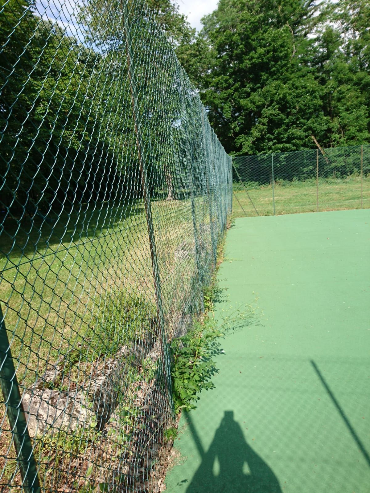 Court de tennis vert avec une clôture en grillage vert. L'ombre d'une personne est visible sur le court.
